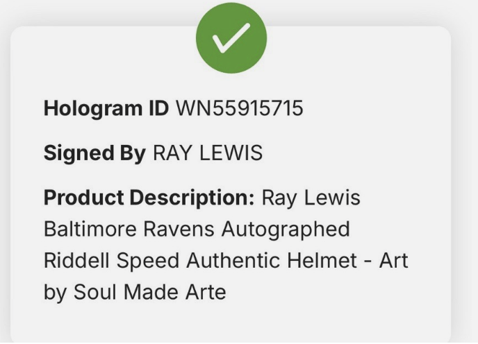 Fanatics certificate WN55915715 identifying Ray Lewis helmet art by Soul Made Arte