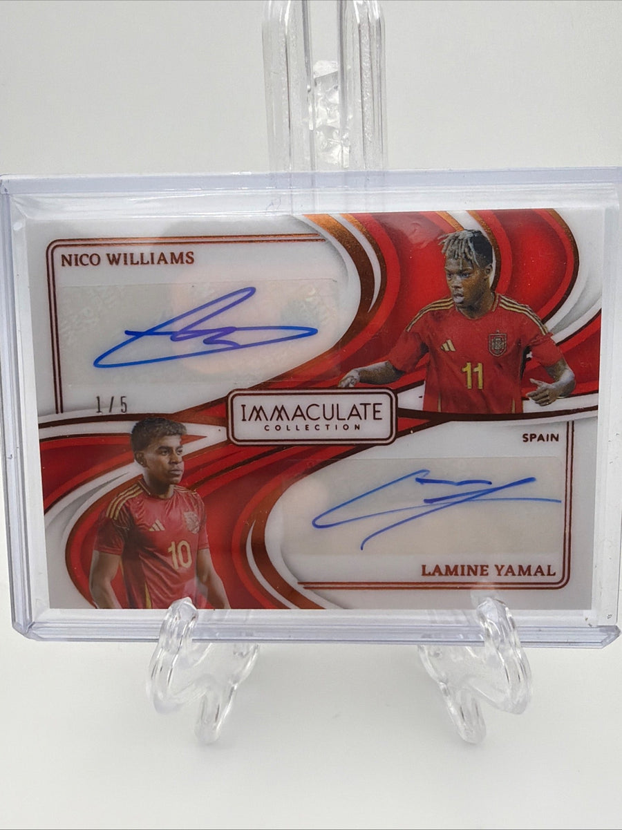 Lamine Yamal and Nico Williams 2024-25 Panini Immaculate dual autograph 1/5 front in holder