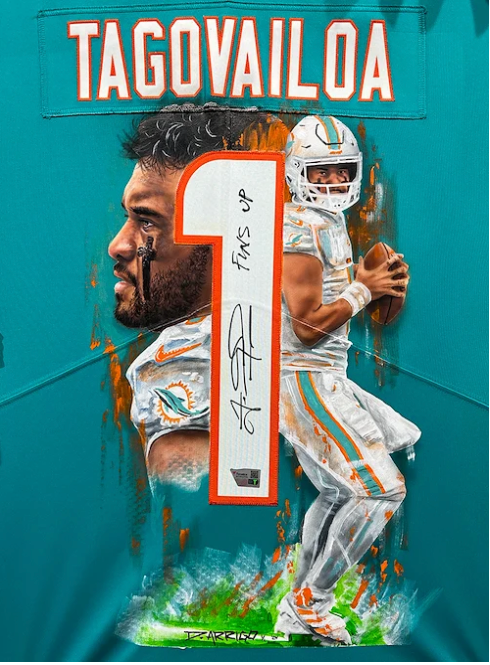 Tua Tagovailoa hand-painted jersey artwork by David Arrigo