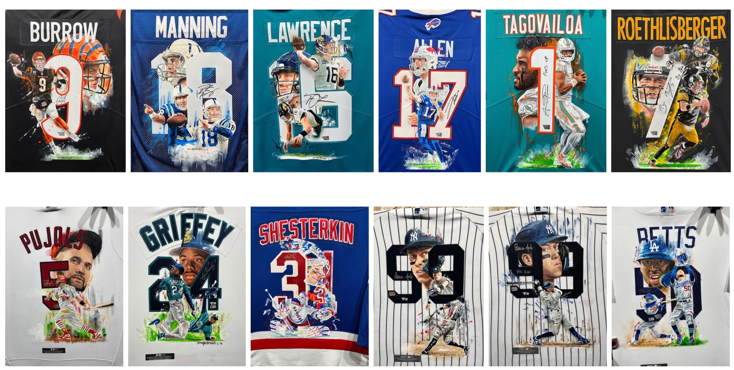 Selection of hand-painted sports jerseys by David Arrigo