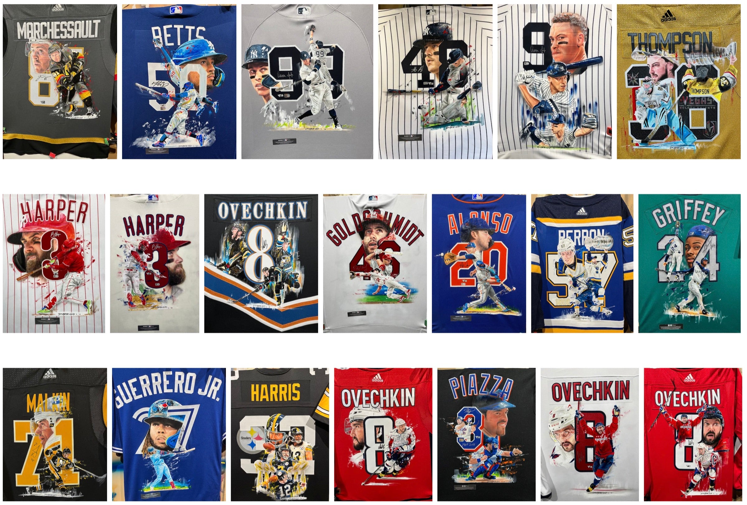 Photographed collection of hand-painted sports jerseys by David Arrigo