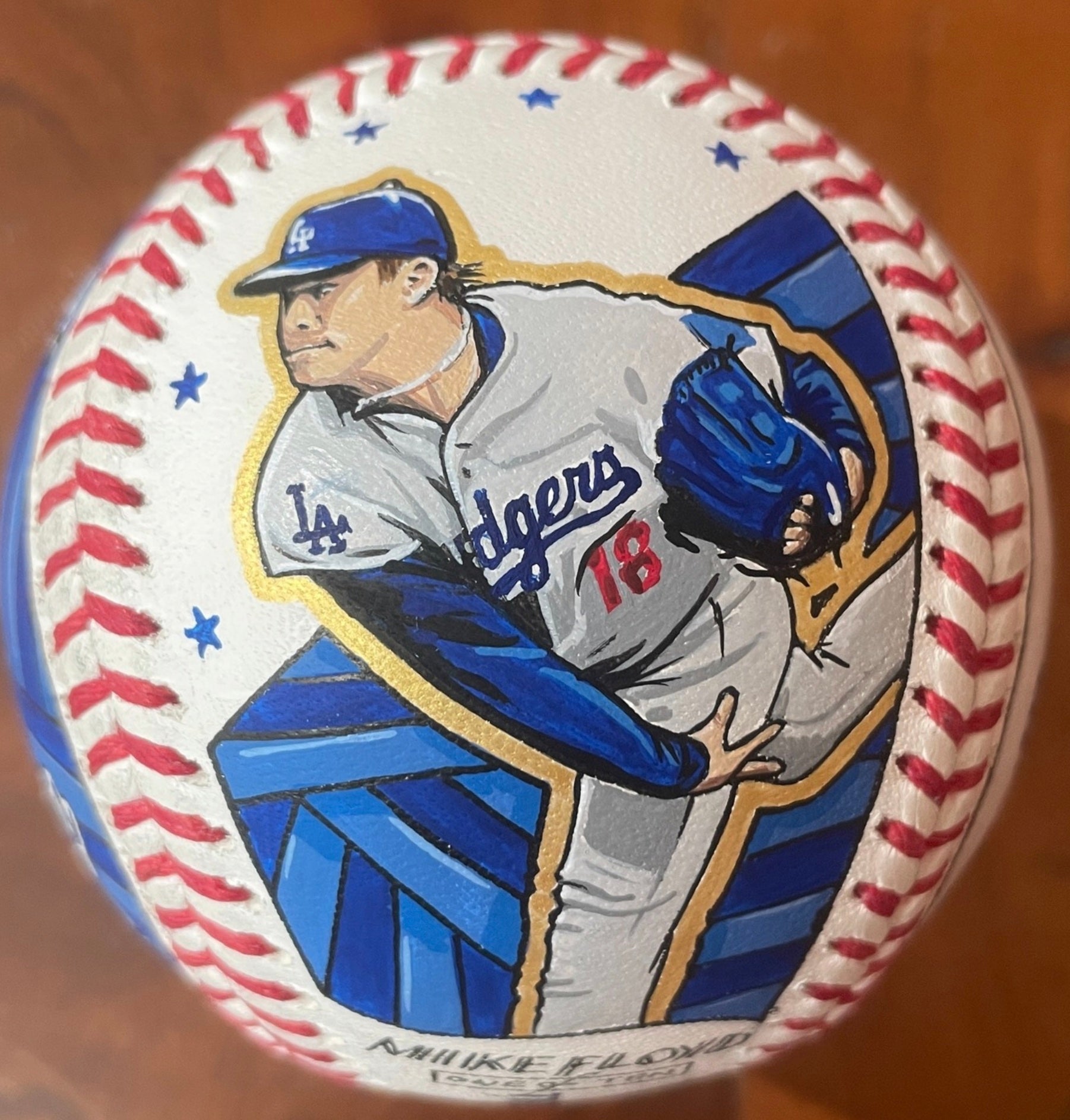 Hand-painted Los Angeles Dodgers pitcher art baseball by Mike Floyd