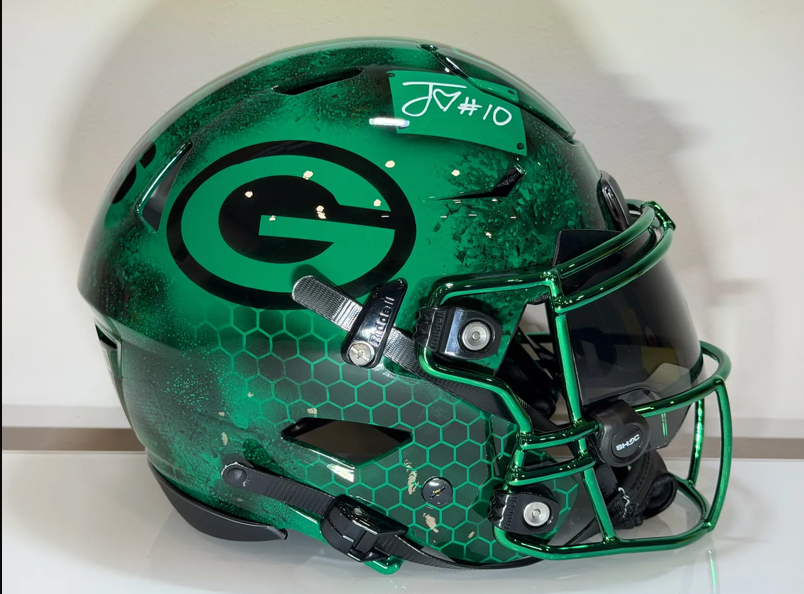 Green custom Green Bay Packers helmet by Psychotic Air Customs