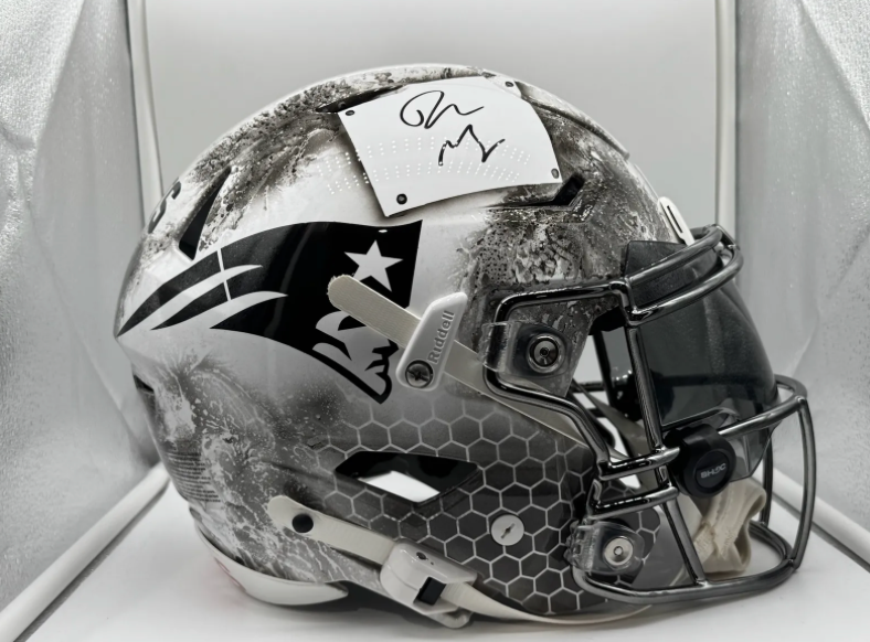 Silver custom New England Patriots helmet by Psychotic Air Customs