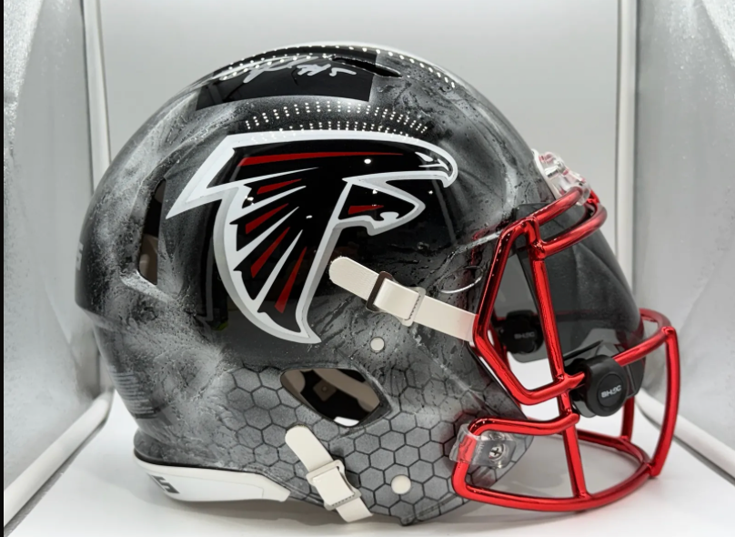 Silver custom Atlanta Falcons helmet by Psychotic Air Customs